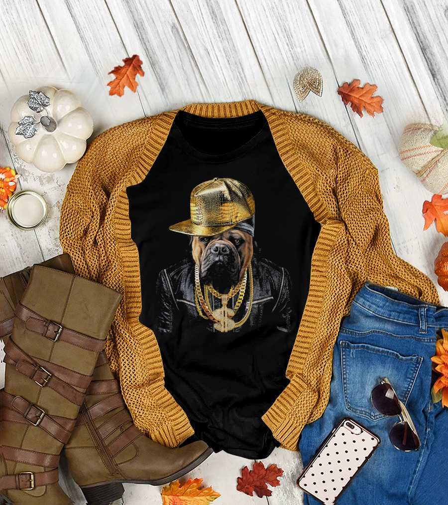 Bullmastiff Rapper Gold Chains and Cap Hip Hop T-Shirt