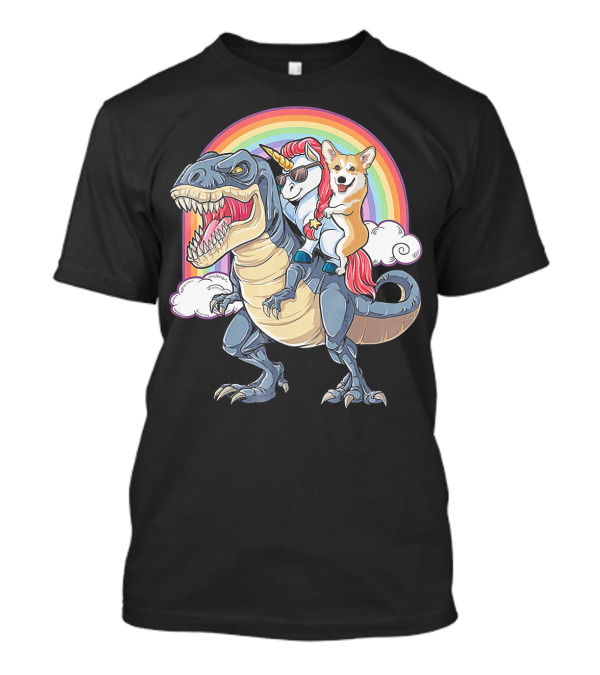 Corgi And Unicorn Ride Rex Like Boss Rainbow Adventure T-Shirt