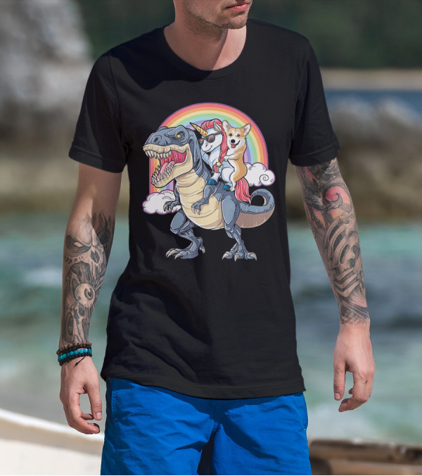 Corgi And Unicorn Ride Rex Like Boss Rainbow Adventure T-Shirt