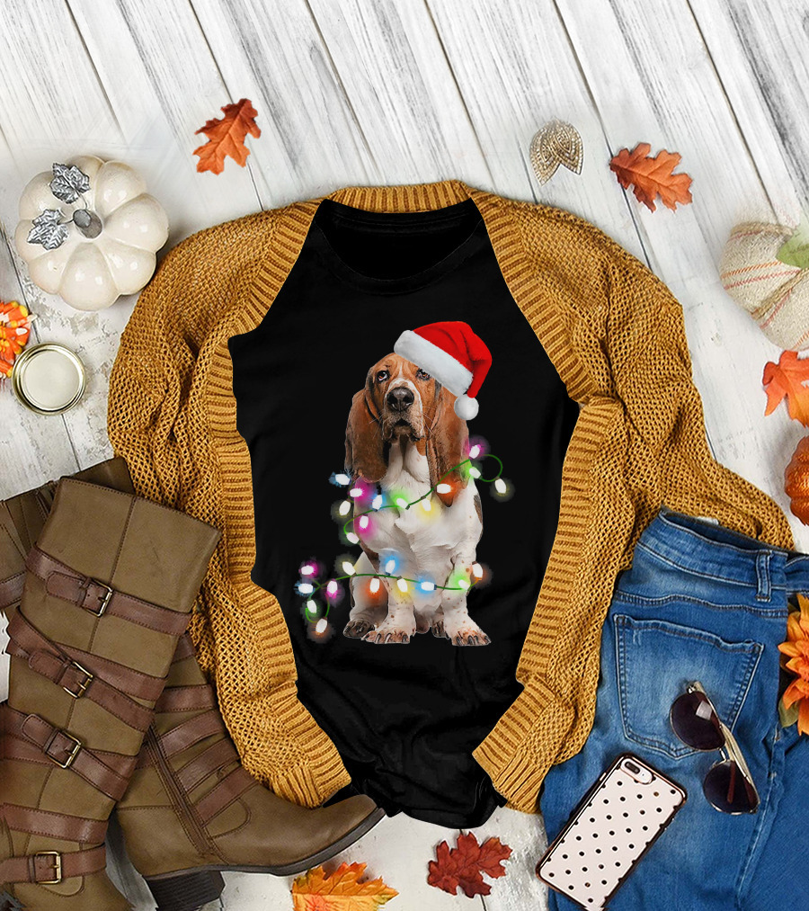 Basset Hound with Santa Hat and Colorful Christmas Lights T-Shirt