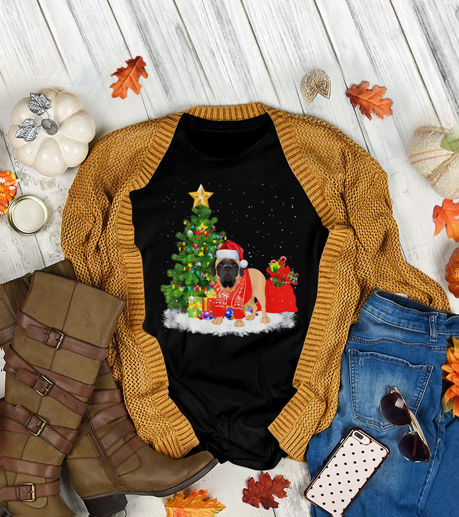 Christmas English Mastiff Dog with Santa Hat and Tree T-Shirt