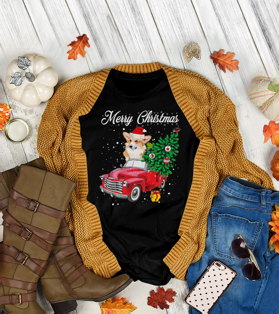Merry Christmas Corgi in Santa Hat Riding Red Truck with Christmas Tree and Gift T-Shirt