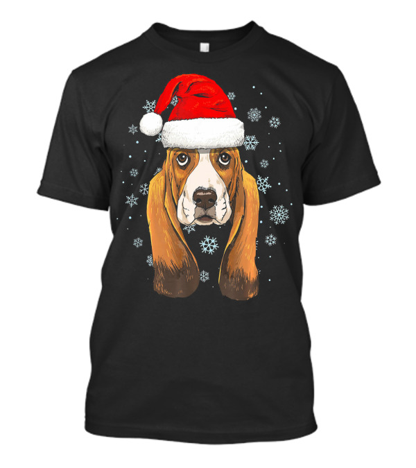Basset Hound Santa Hat Snowflakes Holiday T-Shirt