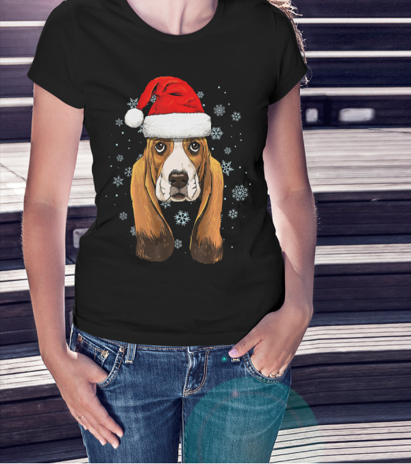 Basset Hound Santa Hat Snowflakes Holiday T-Shirt