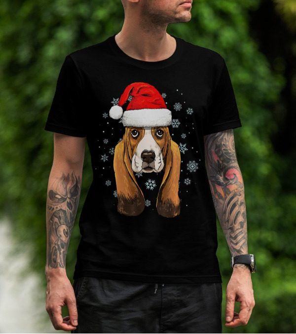 Basset Hound Santa Hat Snowflakes Holiday T-Shirt