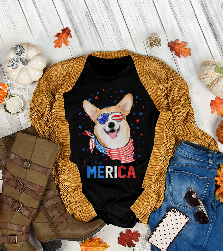 Merica Corgi in American Flag Sunglasses and Bandana T-Shirt