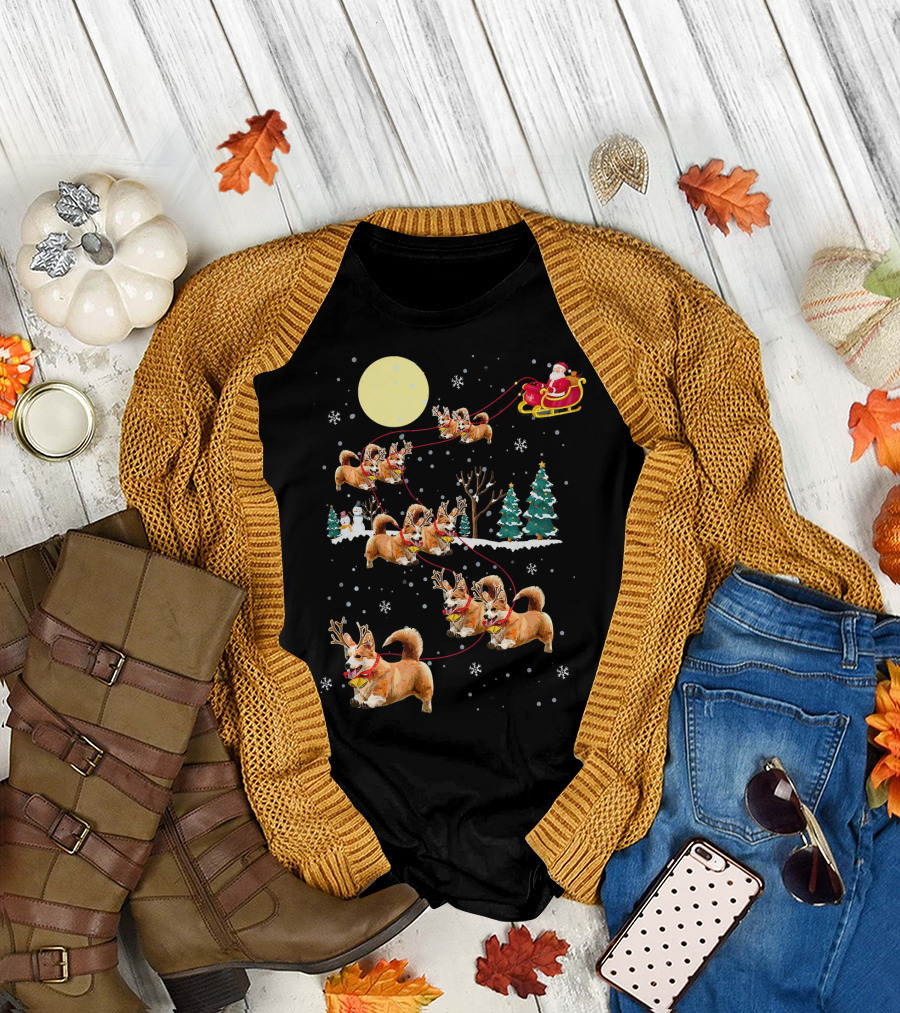 Santa's Sleigh with Christmas Reindeer Corgi Dogs and Snowflakes T-Shirt