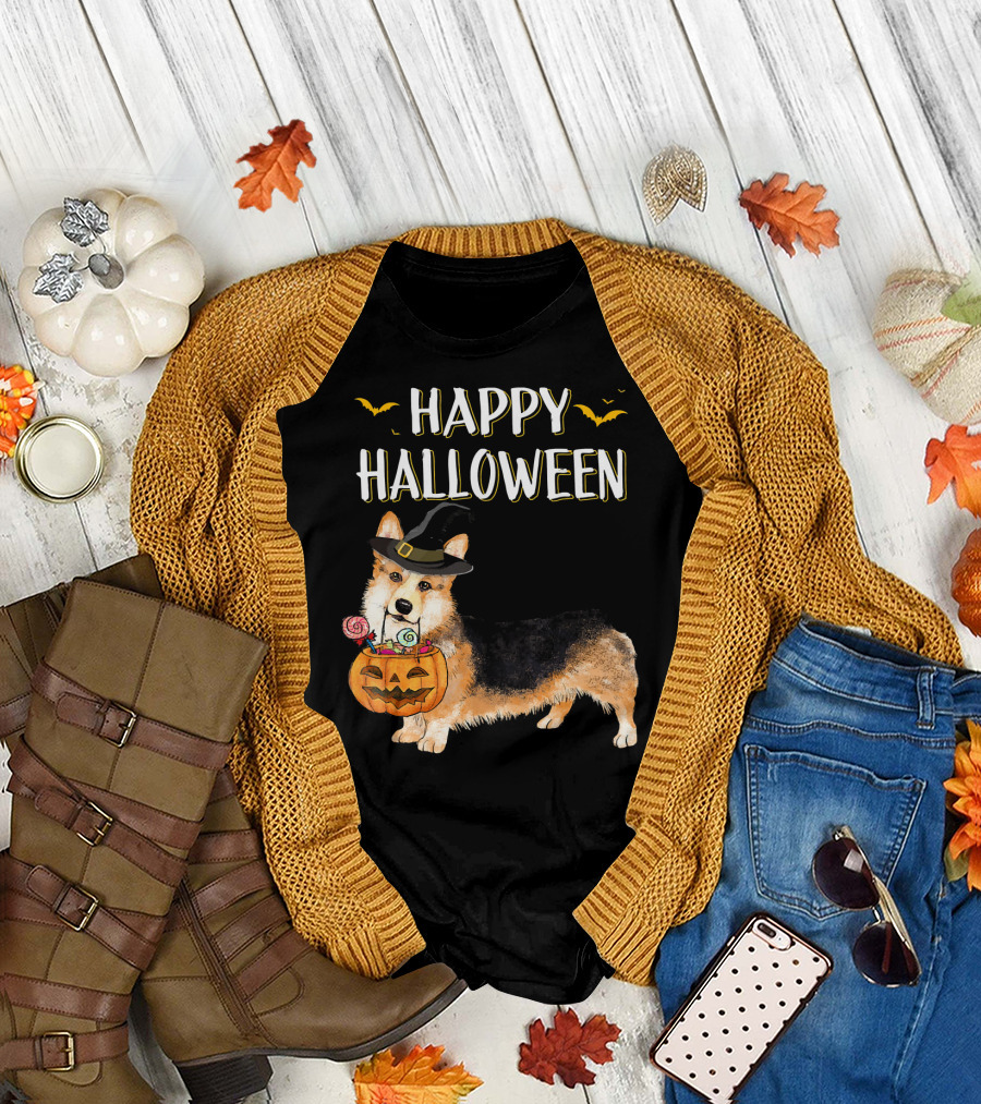 Happy Halloween Corgi with Witch Hat and Pumpkin Basket T-Shirt