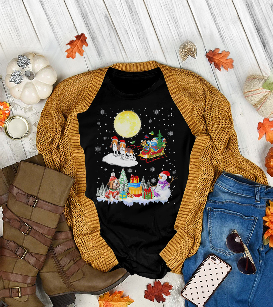 Basset Hound Reindeer Christmas Santa Sled Snowman Gifts Moon Snowflakes T-Shirt