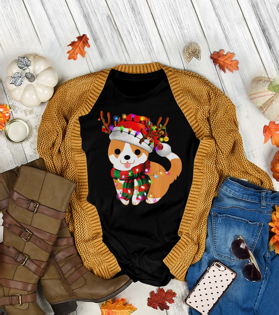 Corgi Puppy Christmas Reindeer Lights and Santa Hat T-Shirt