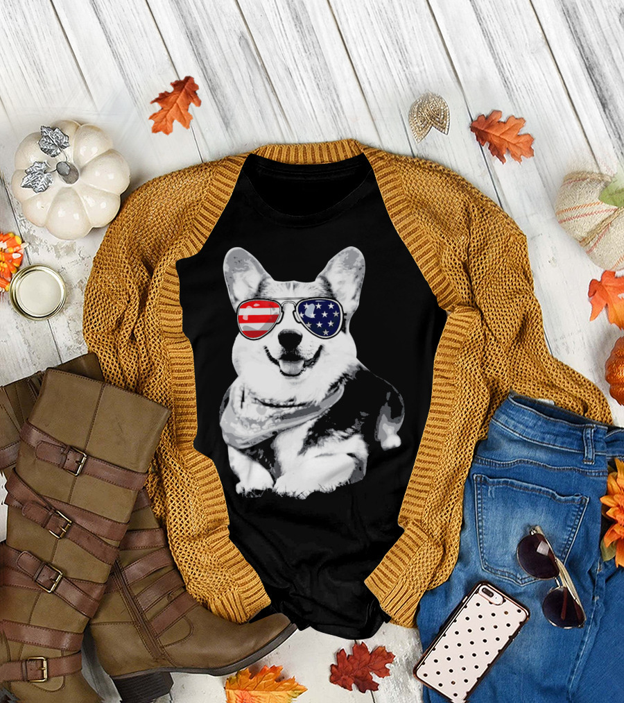Corgi Sunglasses American Flag Stars Stripes T-Shirt