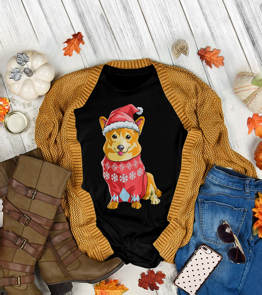 Corgi Dog in Festive Christmas Santa Hat and Snowflake T-Shirt