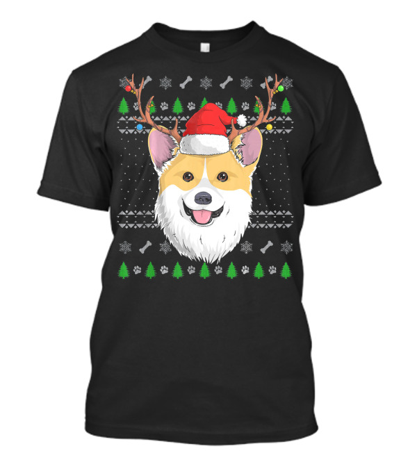 Corgi Dog Antlers Santa Claus Hat Christmas Trees Snowflakes Paw Prints T-Shirt
