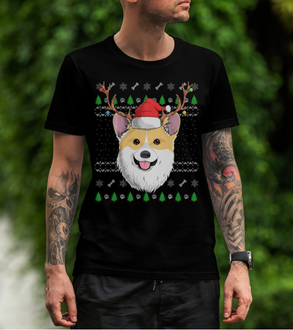 Corgi Dog Antlers Santa Claus Hat Christmas Trees Snowflakes Paw Prints T-Shirt