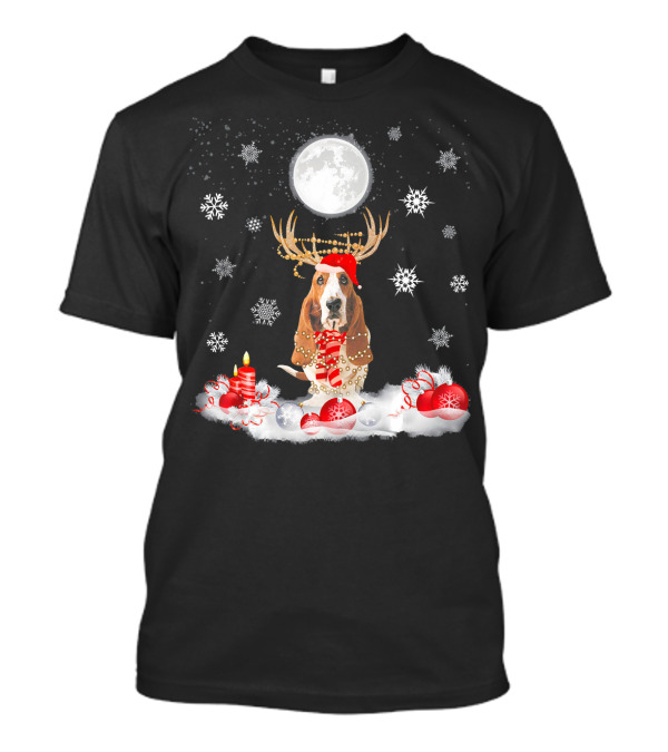 Cute Basset Hound Dog Merry Christmas Antlers Snowflakes Candle Moon T-Shirt