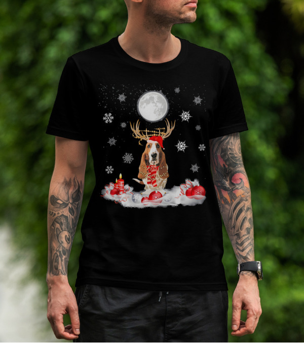 Cute Basset Hound Dog Merry Christmas Antlers Snowflakes Candle Moon T-Shirt
