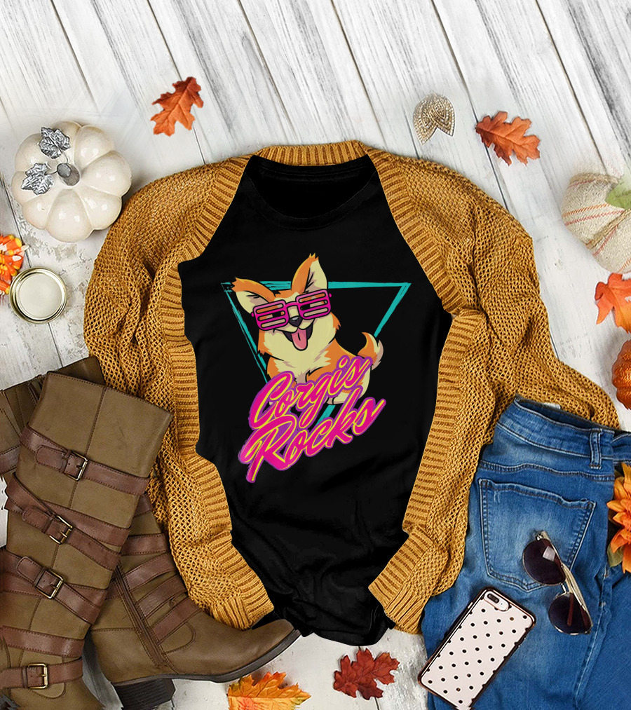 Corgis Rocks Retro 80s Disco Sunglasses T-Shirt