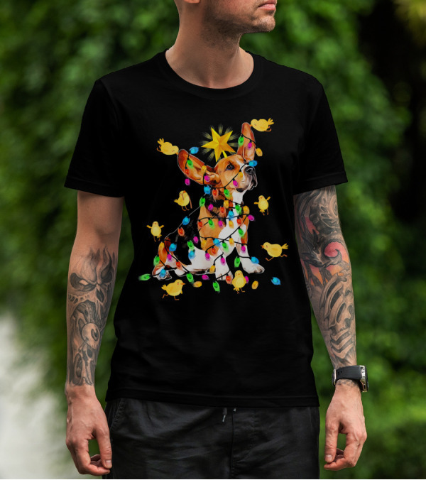 Basset Hound Star Wrapped In Colorful Lights With Nice Dog Surrounded By Yellow Chicks T-Shirt