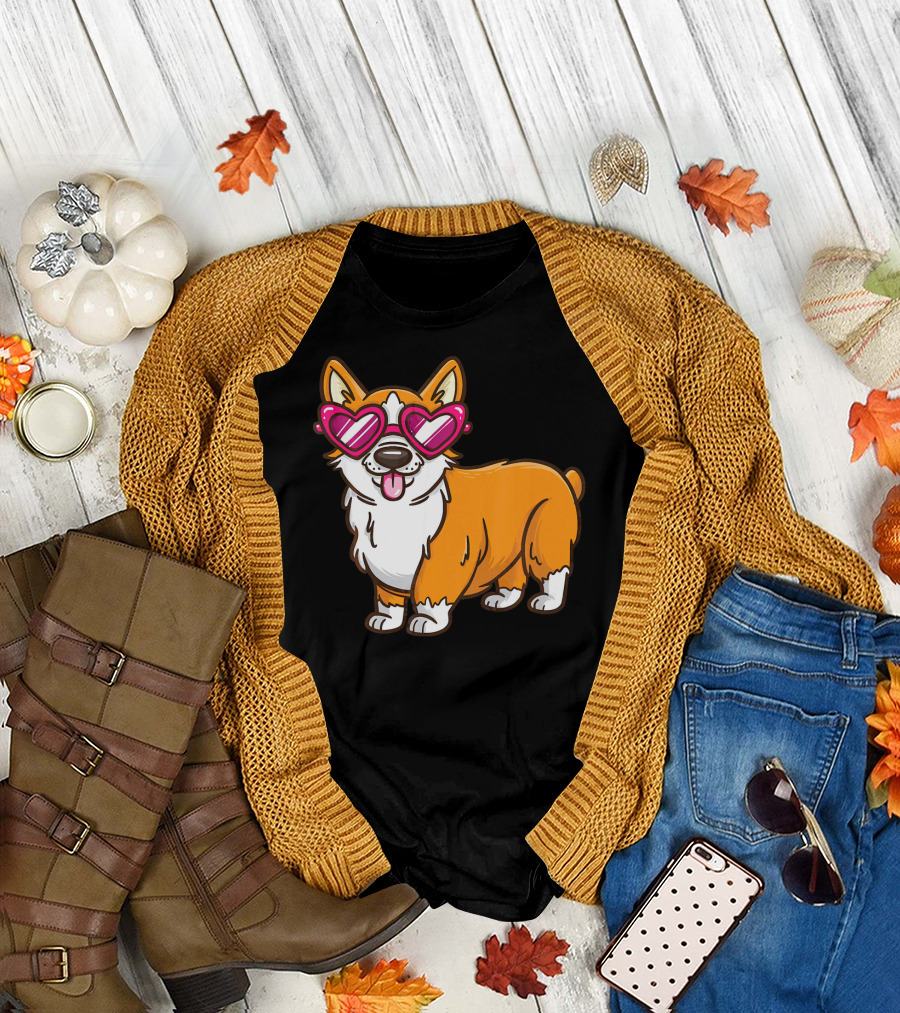 Cute Corgi Heart Sunglasses Dog Love T-Shirt
