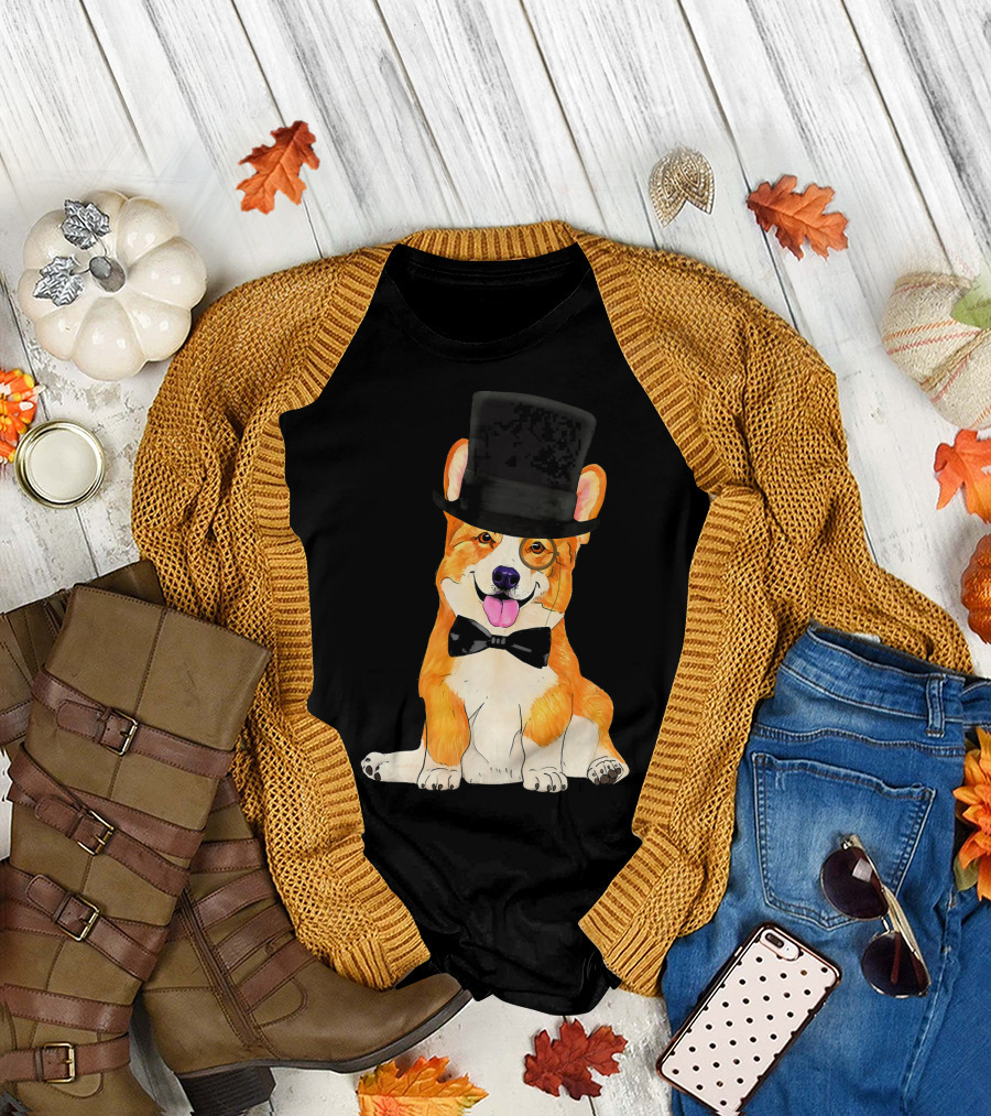 Corgi Wearing Top Hat Monocle and Bow Tie T-Shirt