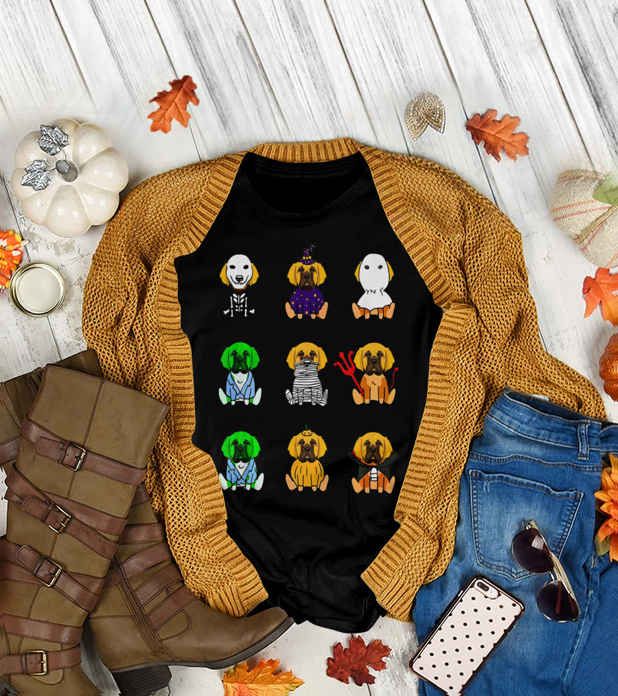 English Mastiff Halloween Costumes Skeleton Witch Ghost Zombie Mummy Devil Frankenstein Pumpkin Vampire T-Shirt