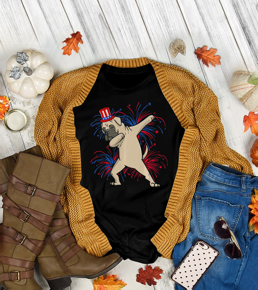 Patriotic Dabbing English Mastiff with Fireworks and Uncle Sam Hat T-Shirt