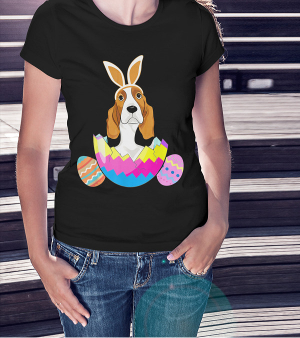 Basset Hound With Easter Bunny Ears Emerging From Colorful Eggs T-Shirt