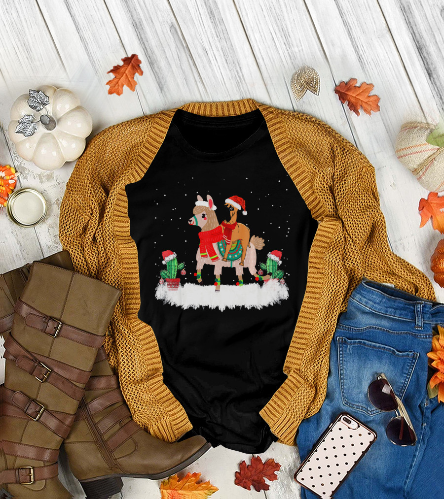 Cute Bullmastiff Riding Llama with Festive Hats and Sweaters in Snowy Scene T-Shirt