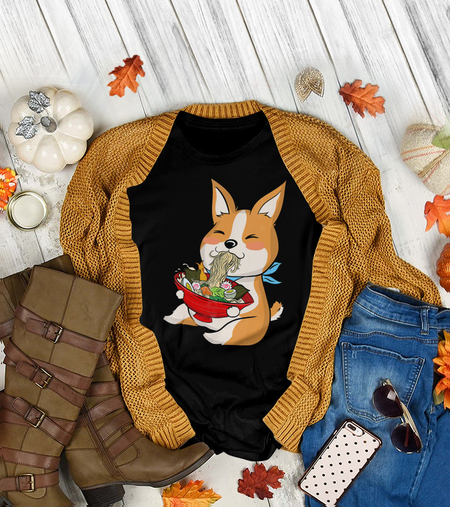 Corgi Kawaii Enjoying Ramen Noodles with Chopsticks T-Shirt