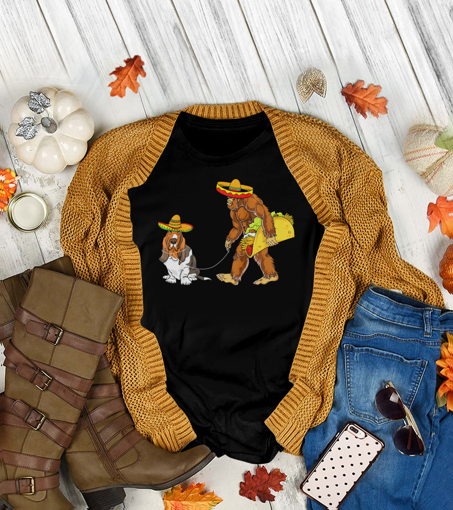 Cinco De Mayo Bigfoot Taco Walking Basset Hound with Sombreros T-Shirt
