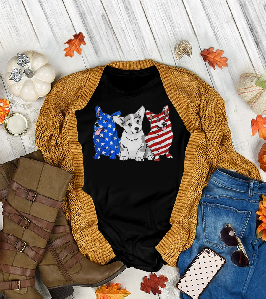 Corgi in American Flag Stars Stripes Independence T-Shirt