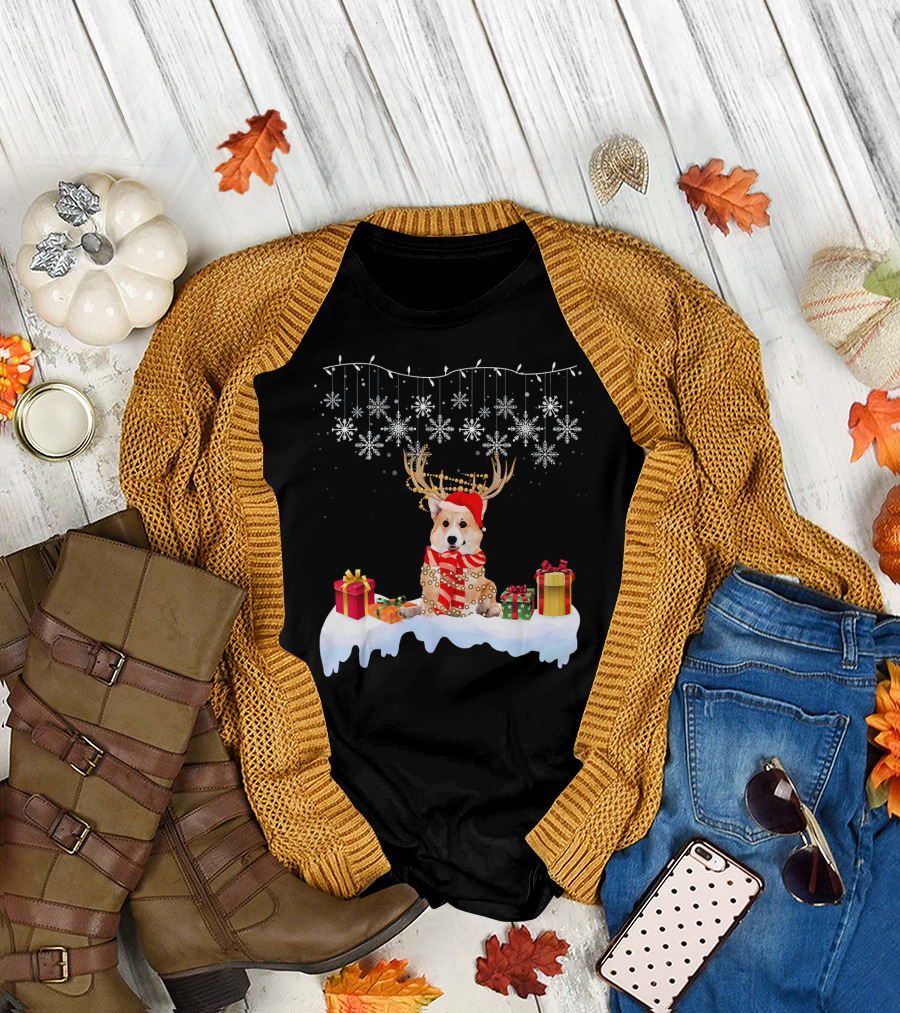 Cute Corgi Dog Christmas Decor with Presents and Snowflakes T-Shirt