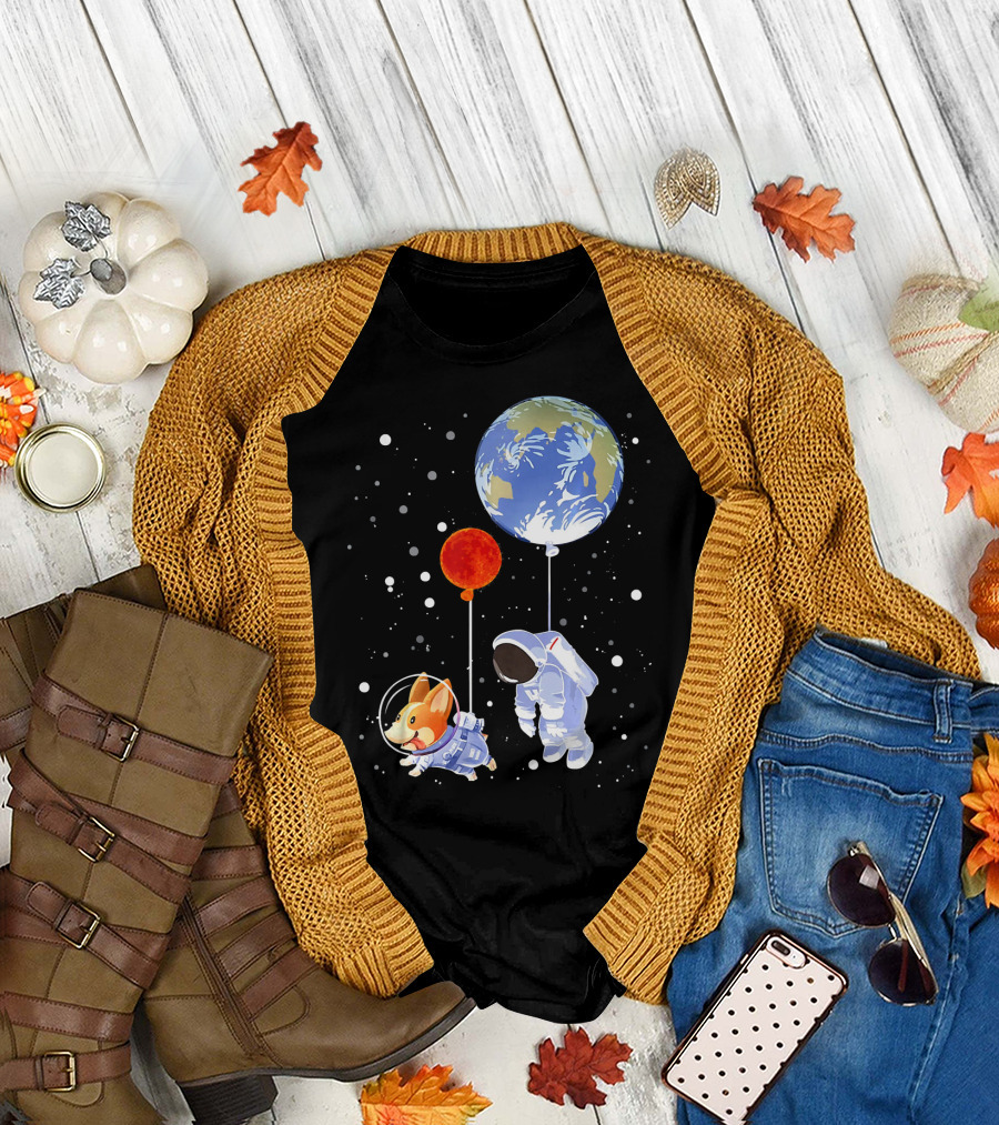 Corgi and Astronaut Floating in Space with Earth and Planets T-Shirt