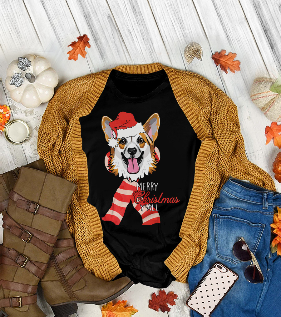 Corgi Dog Merry Christmas Y'all Santa Hat Striped Scarf T-Shirt