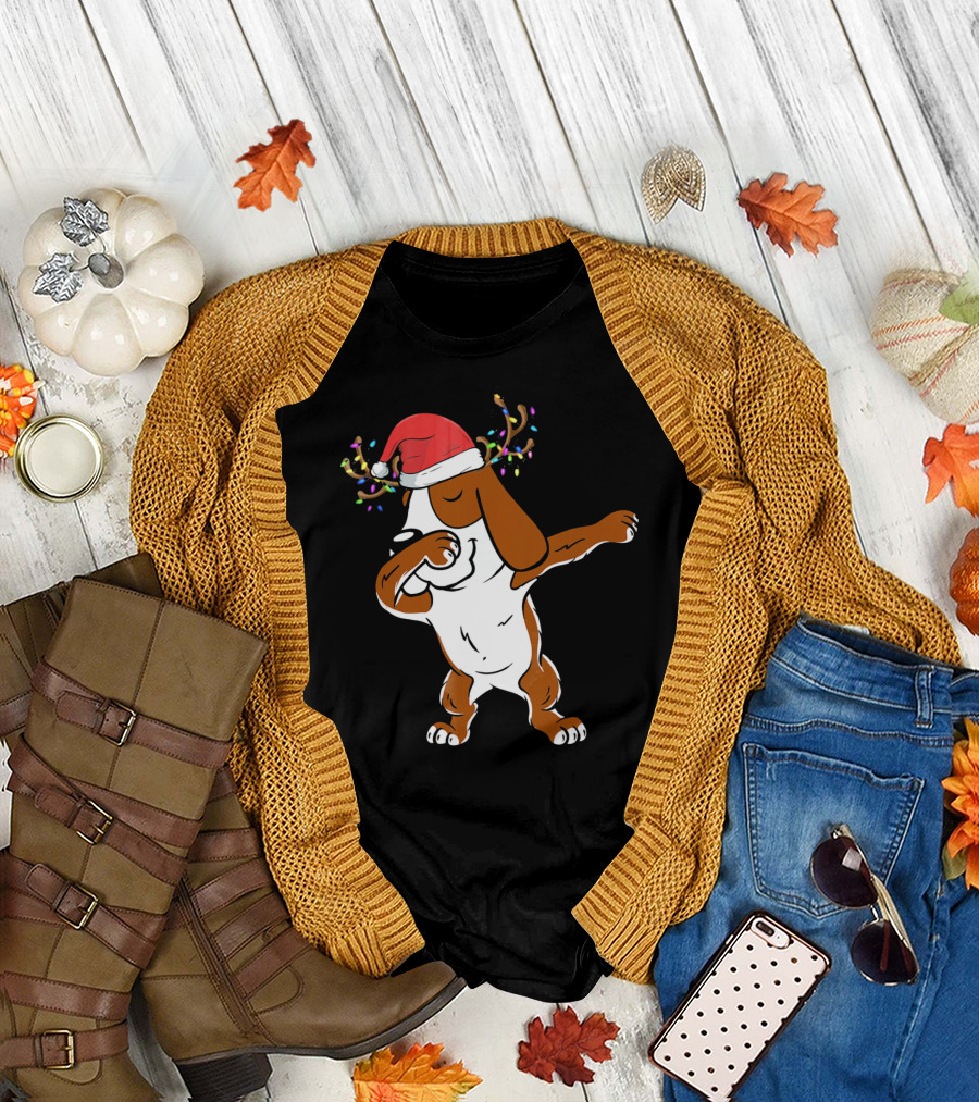 Christmas Basset Hound Reindeer Antlers Santa Hat Dab Dance T-Shirt