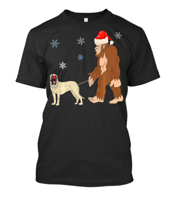 Bigfoot In Santa Hat Walking English Mastiff With Snowflakes T-Shirt