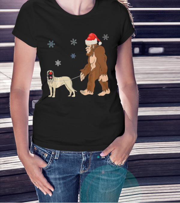 Bigfoot In Santa Hat Walking English Mastiff With Snowflakes T-Shirt