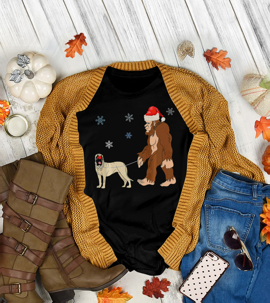 Bigfoot in Santa Hat Walking English Mastiff with Snowflakes T-Shirt