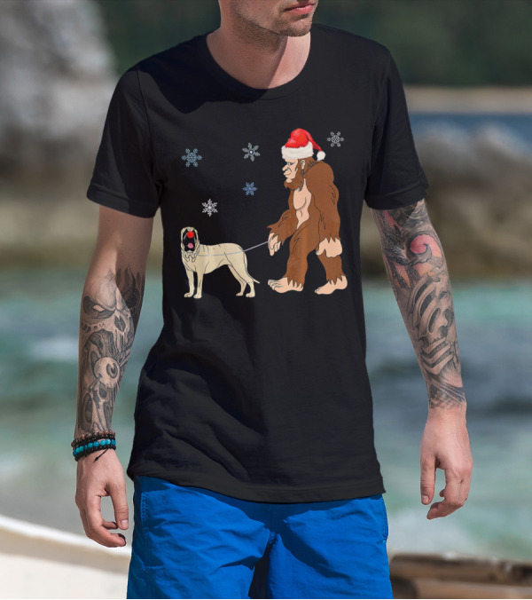 Bigfoot In Santa Hat Walking English Mastiff With Snowflakes T-Shirt