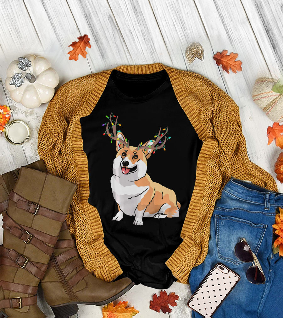 Corgi Reindeer Horns Funny Family Matching Holiday Lights T-Shirt