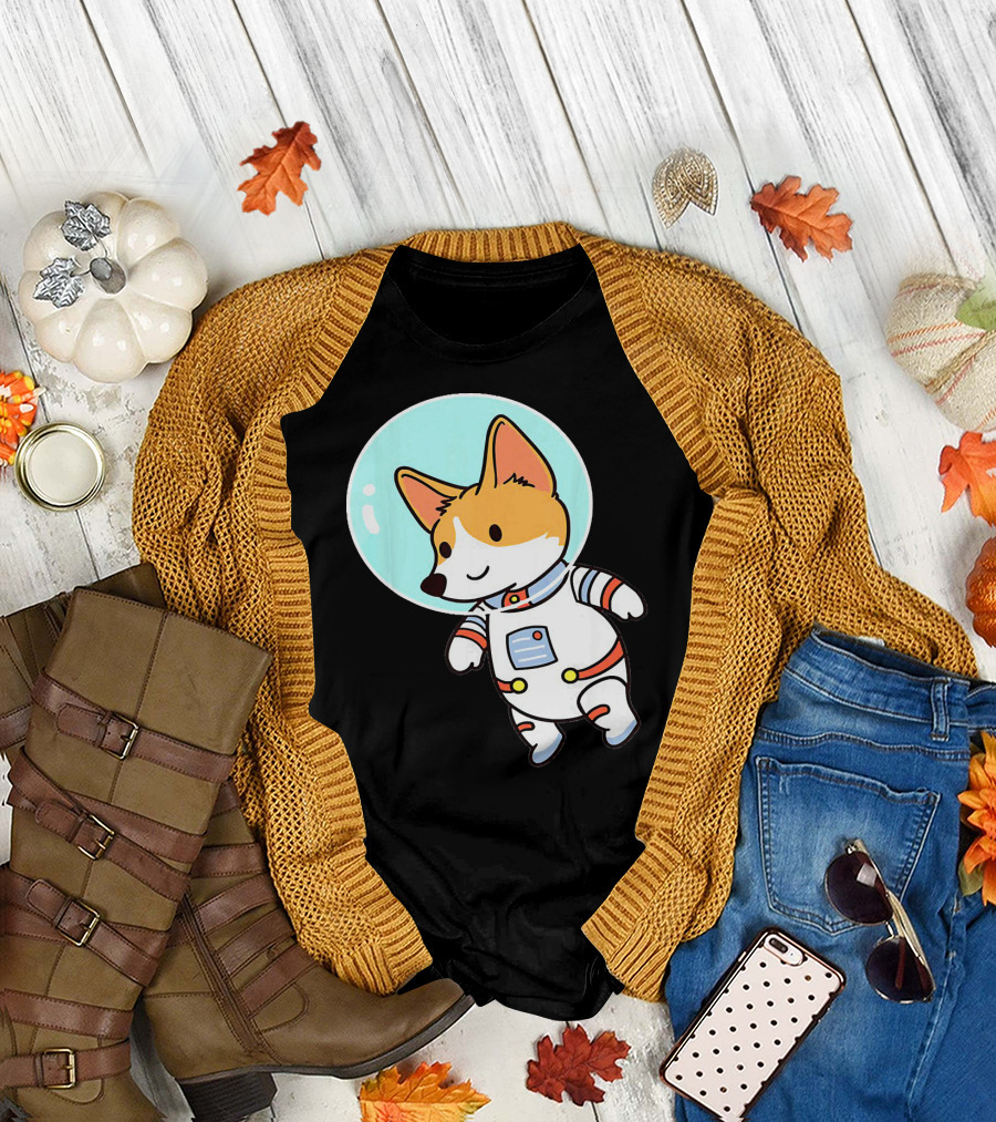 Corgi Dog Astronaut Floating in Space Suit T-Shirt