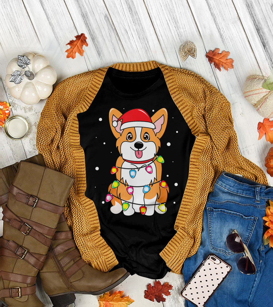 Corgi Christmas Ornament Lights Funny Dog in Santa Hat T-Shirt