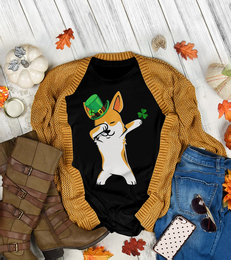Dabbing Corgi Leprechaun Shamrock St Patrick's Day T-Shirt