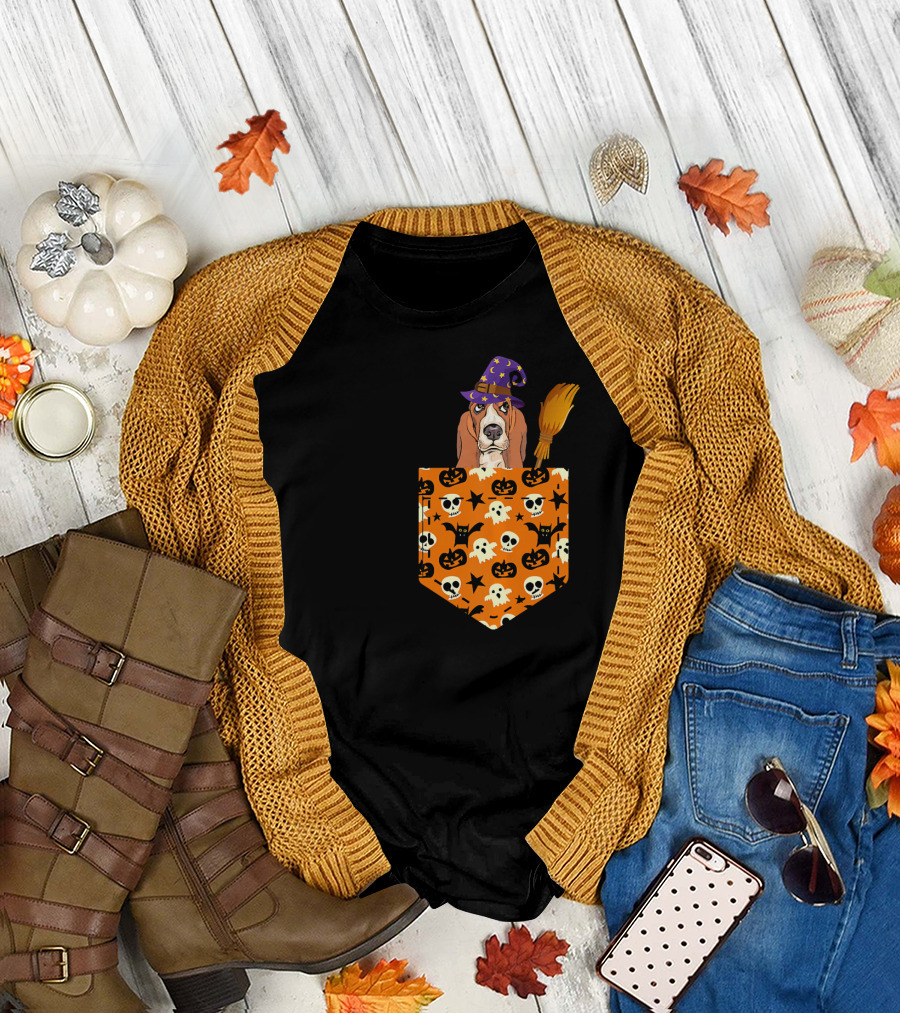 Cute Basset Hound Halloween Pocket with Witch Hat and Broom T-Shirt