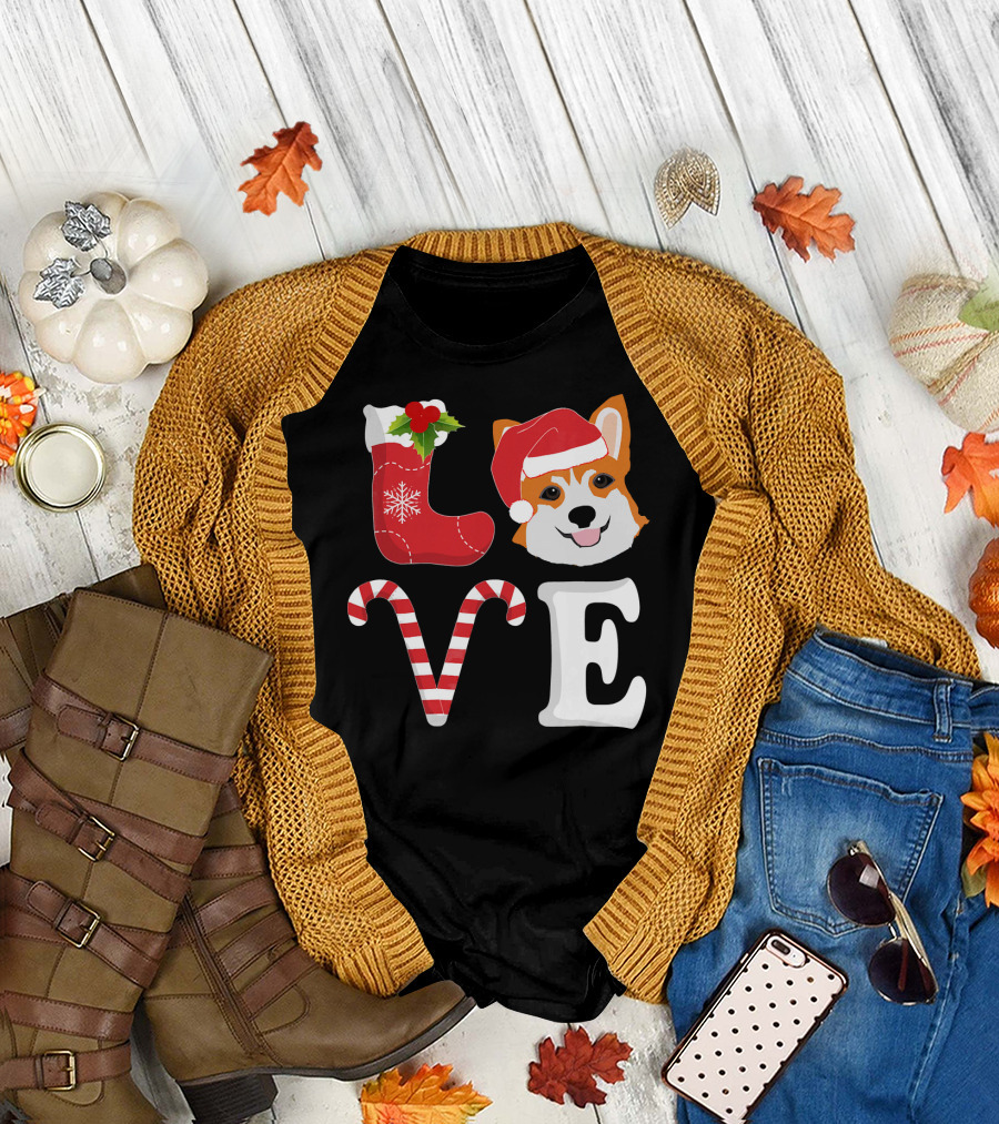 Christmas Corgi Santa Stocking Candy Cane Love T-Shirt