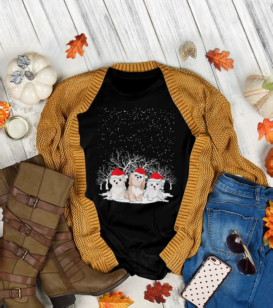 Cute Havanese Christmas Snow Dog Trio with Santa Hats in Winter Wonderland T-Shirt