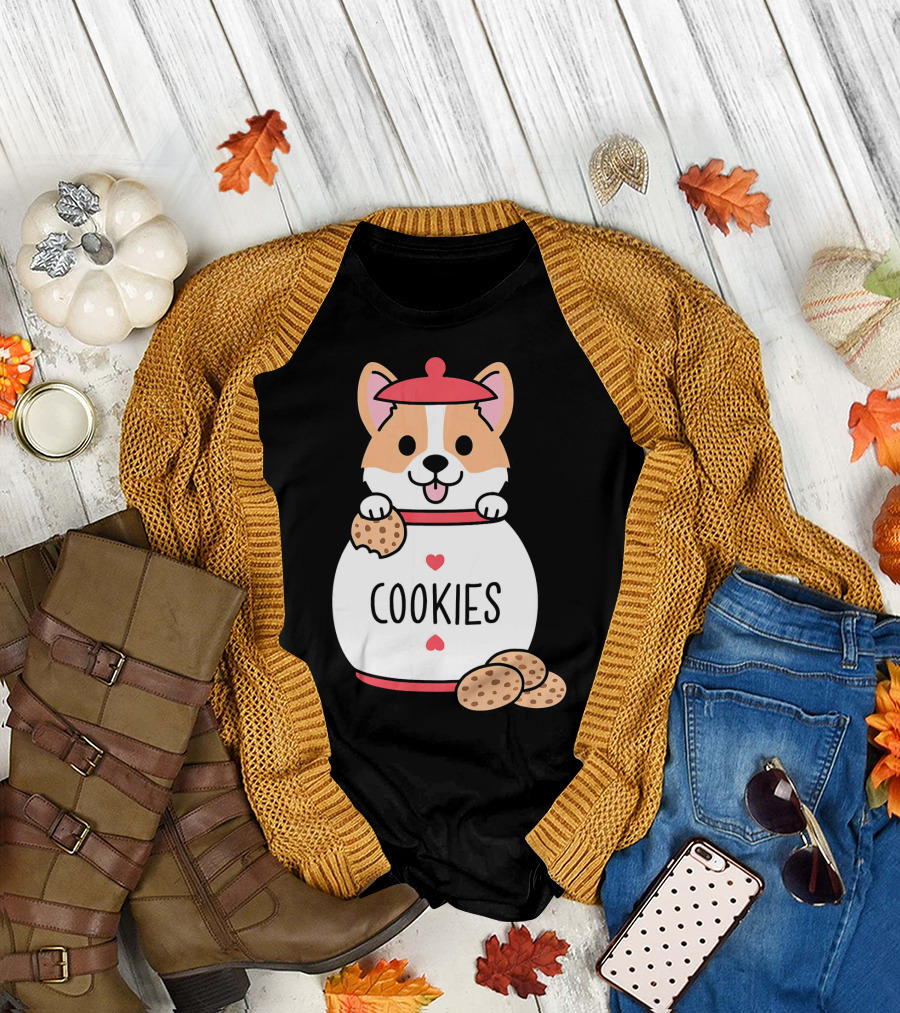 Playful Corgi in Cookies Jar with Hearts and Treats T-Shirt