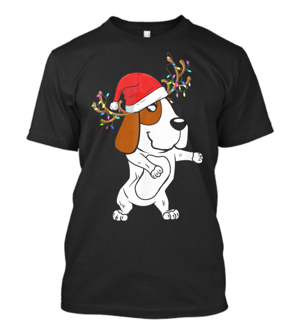 Basset Hound Christmas Antlers Lights Santa Hat T-Shirt