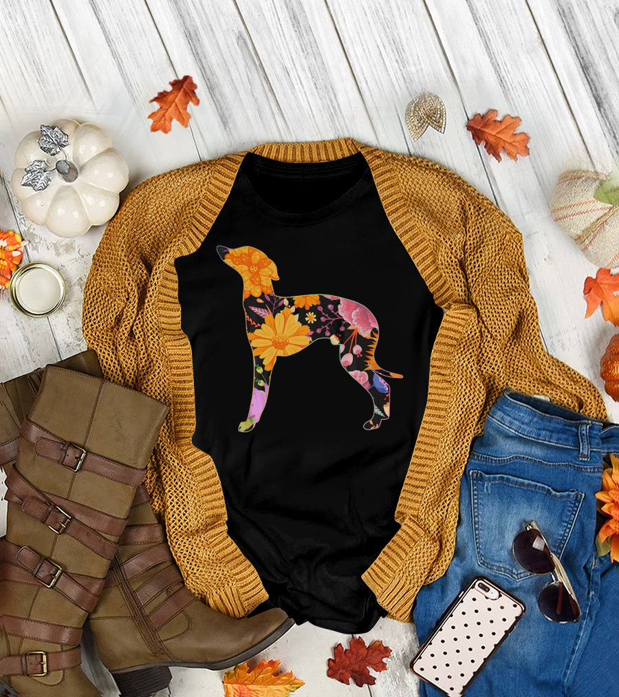 Floral Flower Vintage Retro Italian Greyhound Silhouette with Colorful Bloom T-Shirt