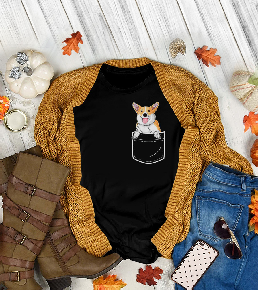 Corgi Pops Out Playfully from Front Pocket T-Shirt